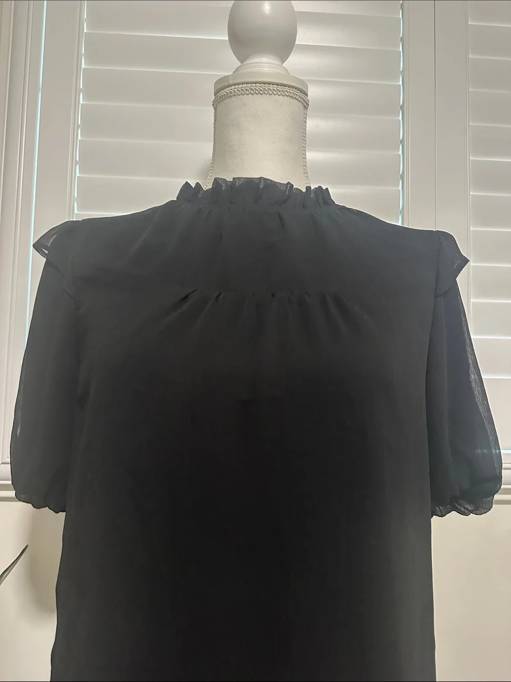 LOFT Black Ruffle-Neck Short Sleeve Blouse | A11
